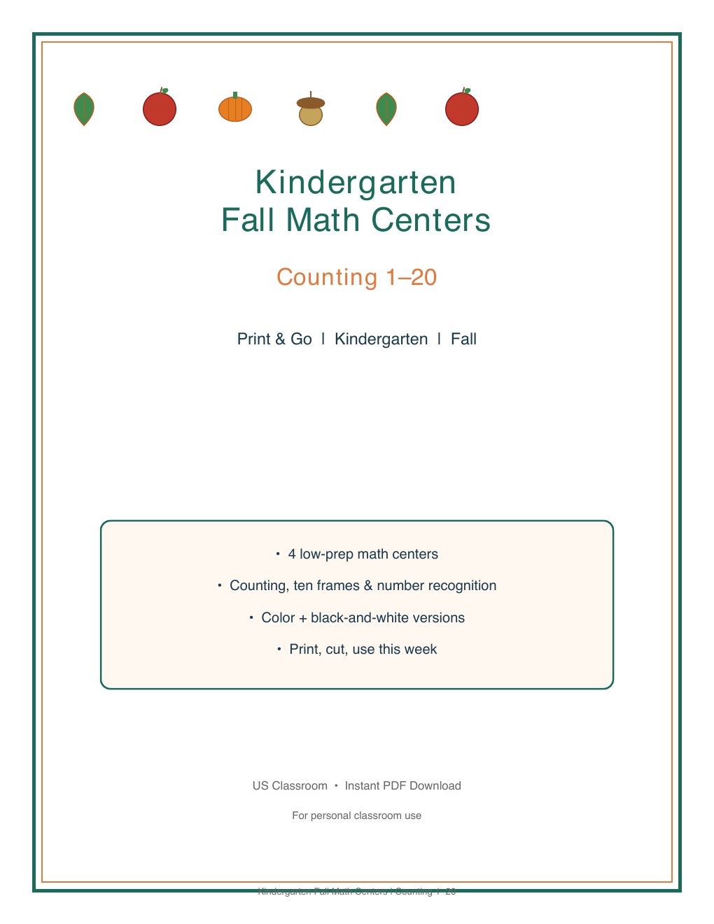 Cover preview of Kindergarten Fall Math Centers PDF