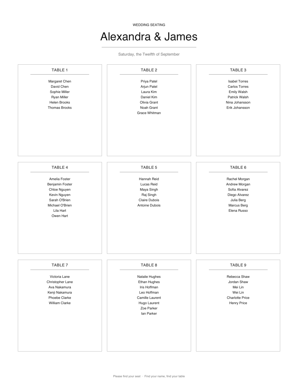 Preview of the minimal wedding seating chart